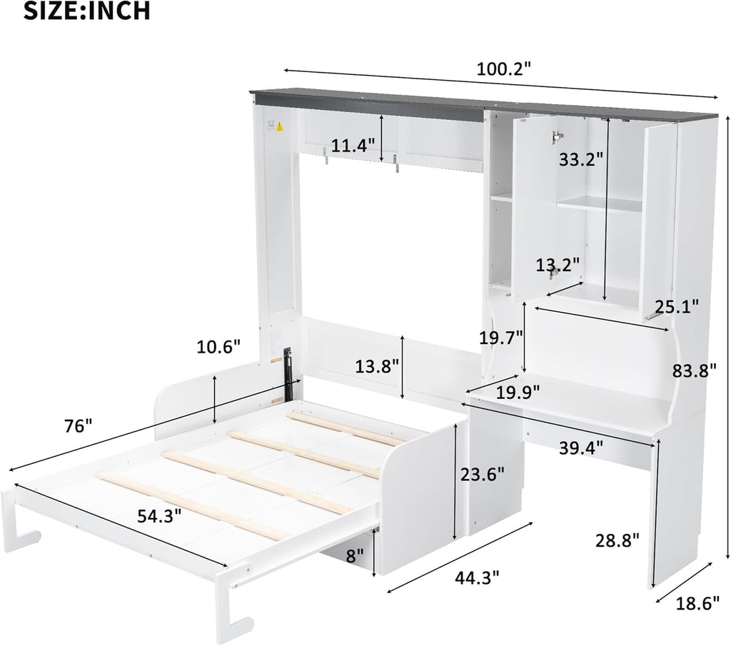 Merax Farmhouse Multi-Functional Murphy Bed with Sofa, Desk & Storage Cabinet,Solid Wood Foldable Wall Bed/Space Saving/No Box Spring Needed/Full,White + Gray