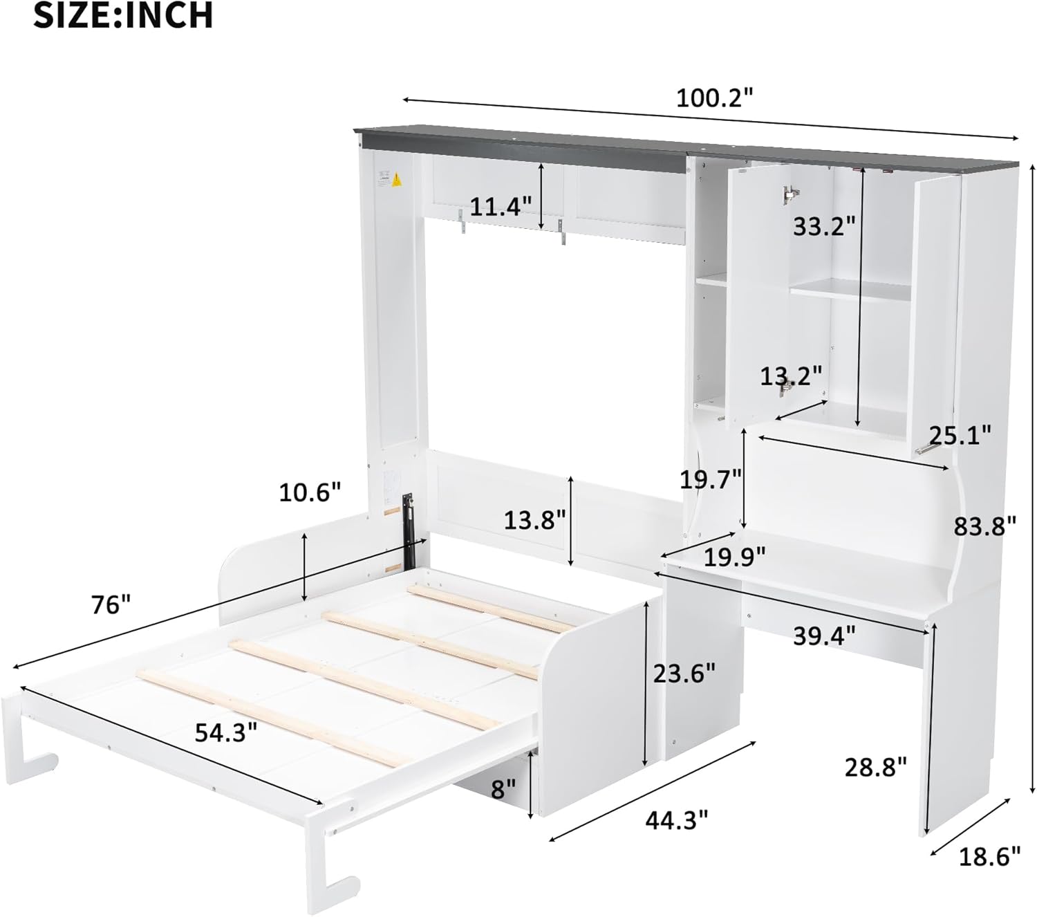 Merax Farmhouse Multi-Functional Murphy Bed with Sofa, Desk & Storage Cabinet,Solid Wood Foldable Wall Bed/Space Saving/No Box Spring Needed/Full,White + Gray