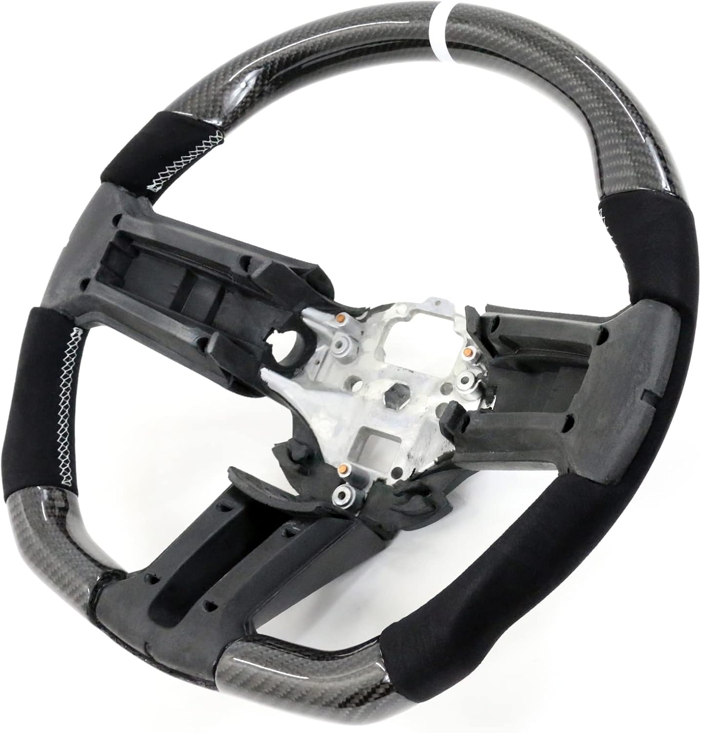 IKON MOTORSPORTS, Steering Wheel Compatible with 2010-2014 Ford Mustang, Steering Wheel Bodykit Replacement Carbon Fiber & Synthetic Suede White Stitch & Indicator, 2011 2012 2013