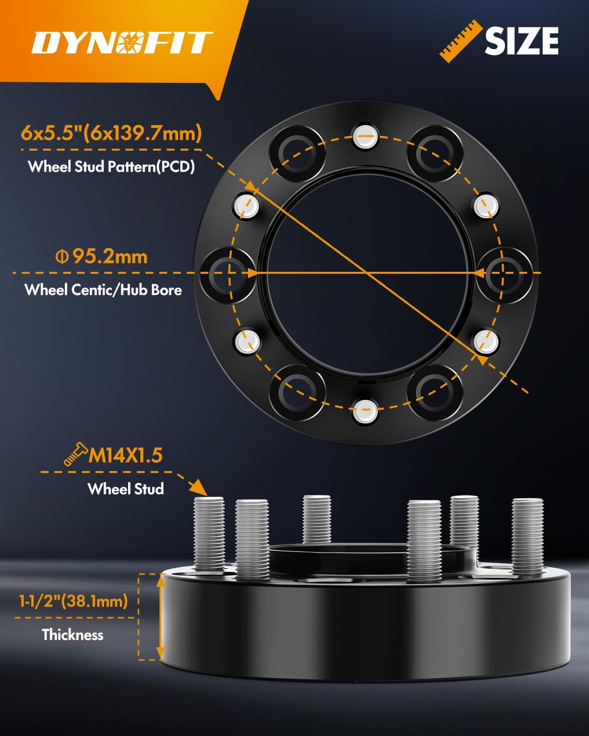 dynofit 6x5.5 Wheel Spacers 1.5inch for 2022-2026 Tundra, 2024+ Tacoma, 2025+ 4Runner, 4Pcs 6x139.7 Wheel Spacer with M14x1.5 Studs 95.2mm Bore Hubcentric Forged Spacer for Toyota & Lexus 6 Lug Truck