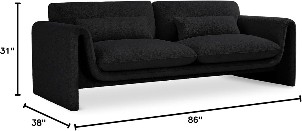 Meridian Furniture 198Black-S Stylus Collection Modern | Contemporary Boucle Fabric Upholstered Sofa with Rich Black Boucle Fabric, Curved Arms, 86' W x 38' D x 31' H, Black