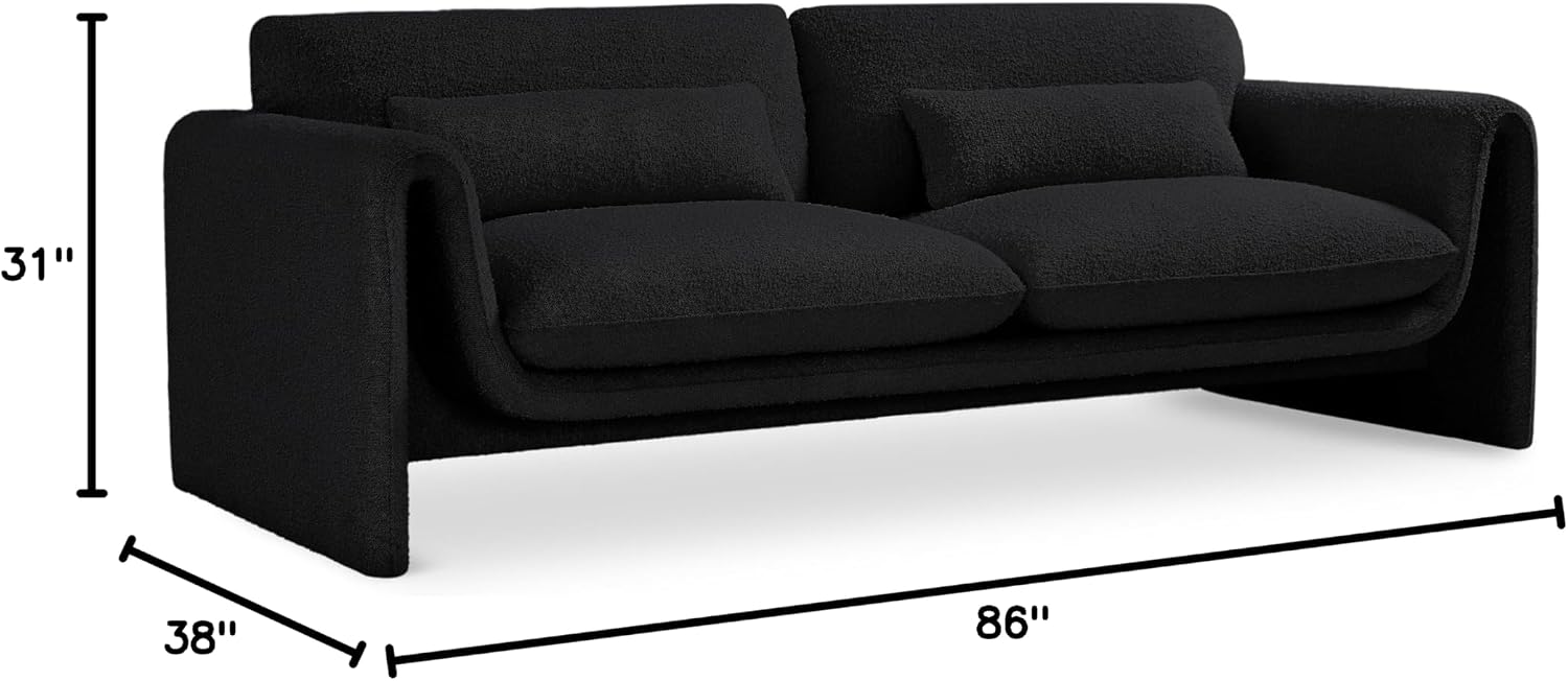 Meridian Furniture 198Black-S Stylus Collection Modern | Contemporary Boucle Fabric Upholstered Sofa with Rich Black Boucle Fabric, Curved Arms, 86' W x 38' D x 31' H, Black