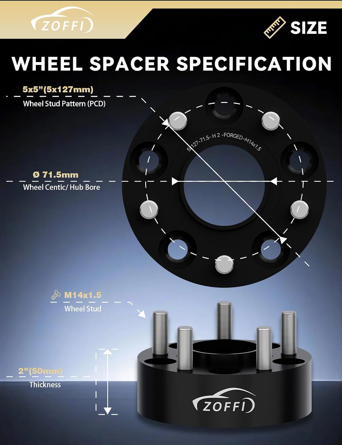 5x5 Wheel Spacer for 2018-2025 Wrangler(JL/JLU), Thickness 2inch with 71.5mm Hubcentric 5x127 M14x1.5 Studs 5 Lug Wheel Adapters for 11-25 Grand Cherokee, 19-25 Gladiator 4PCS Color Black