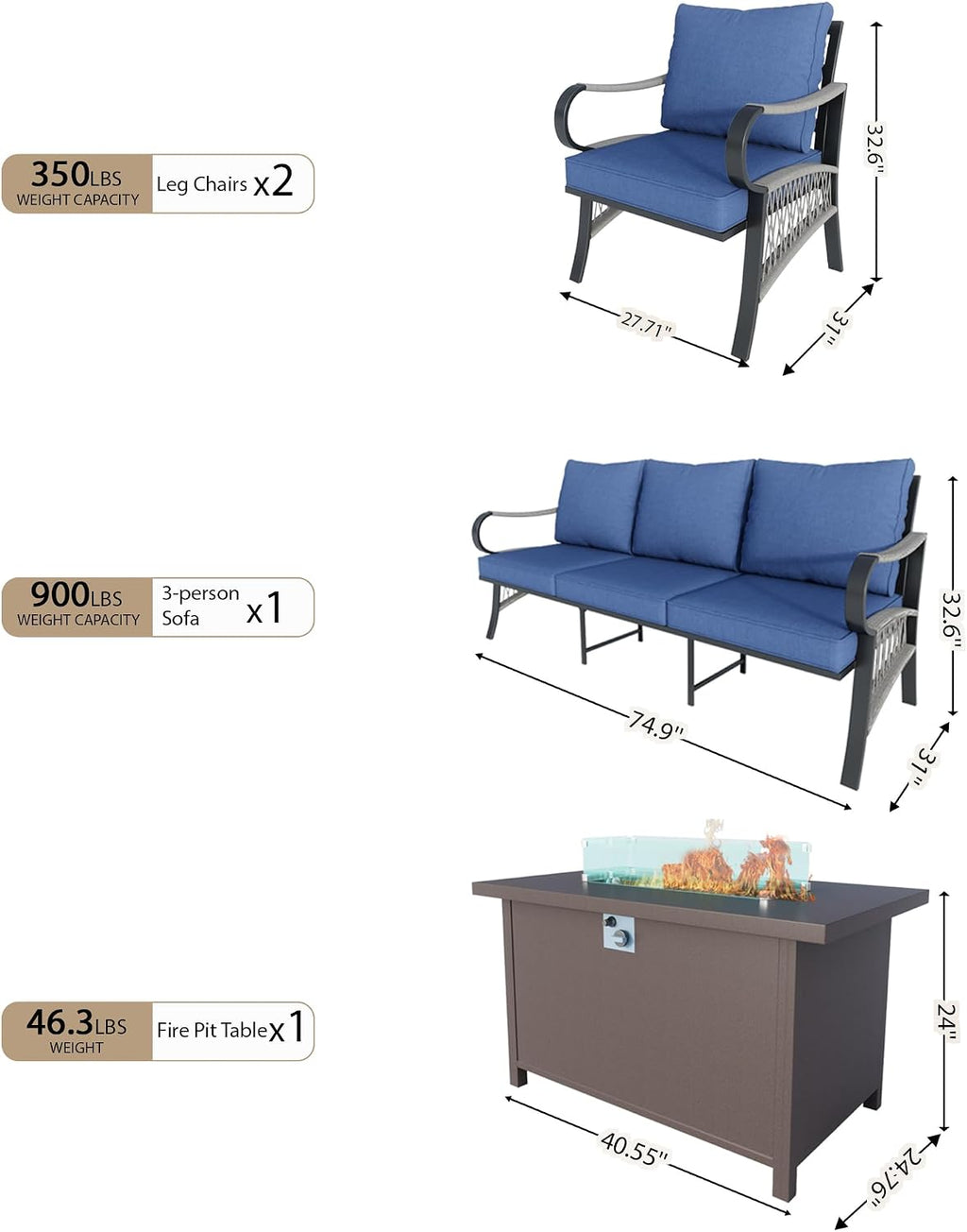 4 Pieces Modern Patio Furniture Set, All Weather Metal Outdoor Conversation Sets with Fire Pit Table for Backyard Garden Deck Porch Poolside, Blue