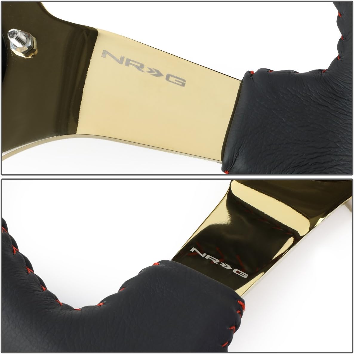 NRG Innovations NRG-RST-036GD Reinforced Steering Wheel - 350mm Sport Steering Wheel (3' deep) Black Leather with Red Baseball Stitching - Chrome Gold Spoke