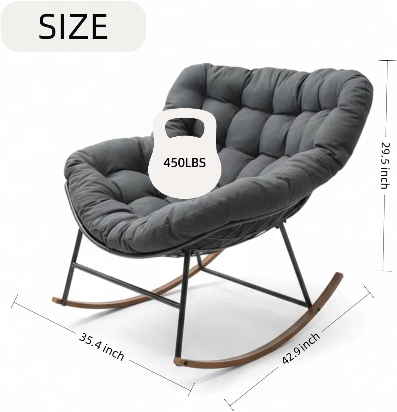 Outdoor Papasan Rocking Chair with Cushion for Patio Porch Balcony, Oversized Cozy Lounge Rocker Chair, All Weather Durable Frame, Comfortable Rocking Chair for Backyard Garden, Gray