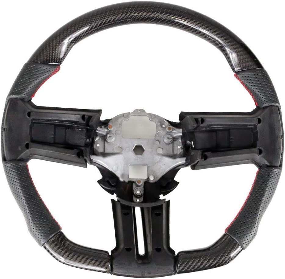 IKON MOTORSPORTS, Steering Wheel Compatible With 2010-2014 Ford Mustang, Black Carbon Fiber & Perforated Leather Steering Wheel Brushed Kit With Red Stitching, 2011 2012 2013