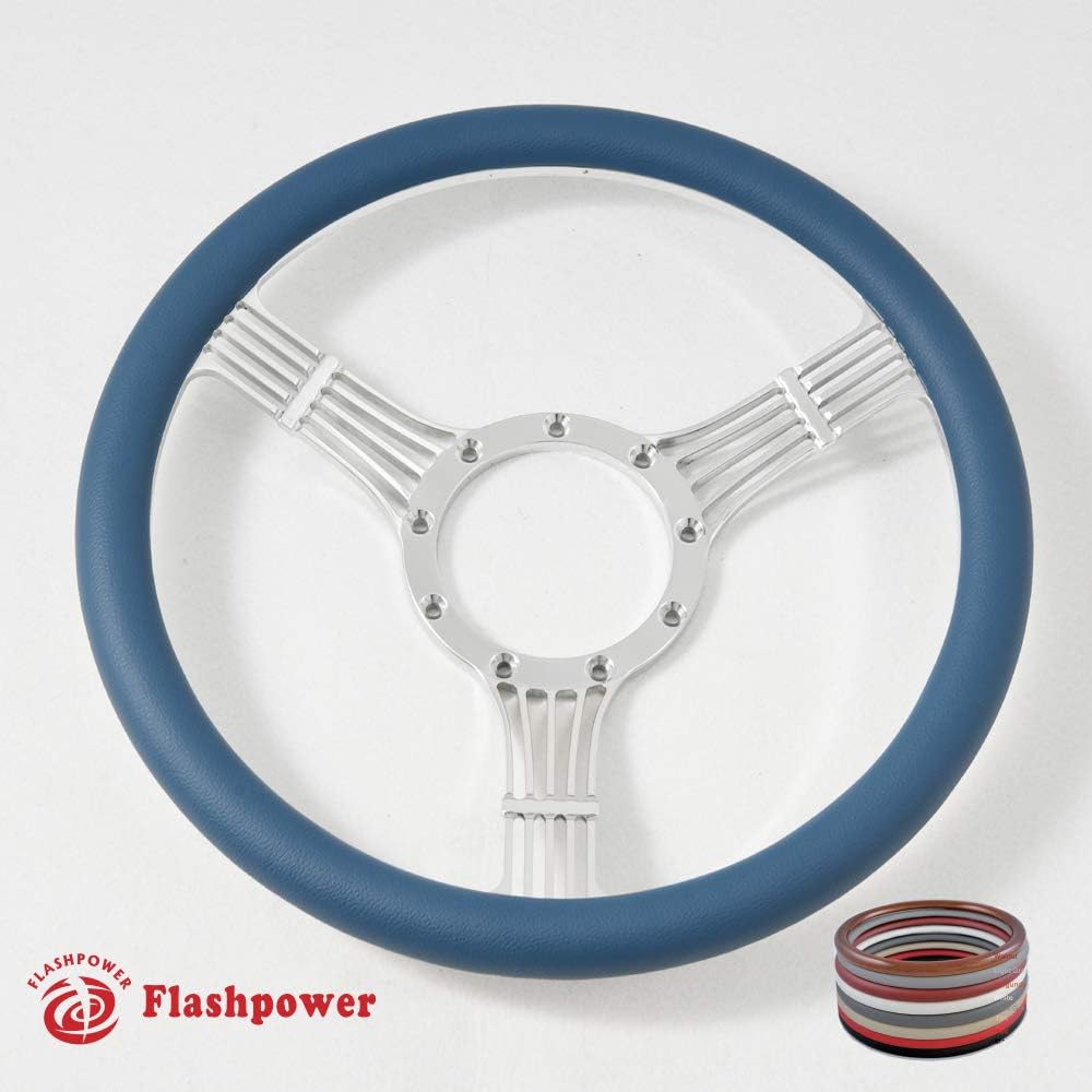 14' Polished Billet Steering Wheel Full Wrap with Horn Button-Blue