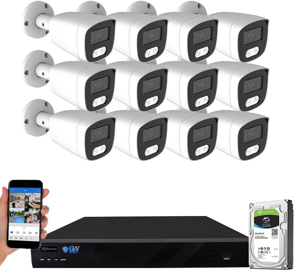 GW Security 16 Channel 12MP NVR 4K Security Camera System with 12 x 8MP PoE Spotlight Color Night Vision Outdoor/Indoor Microphone Bullet Cameras, Smart AI Human/Vehicle Detection