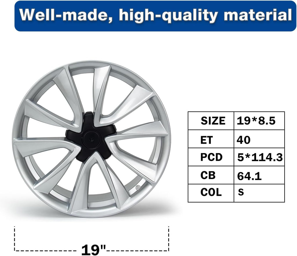 19'x8.5' Alloy Wheel Compatible with Model 3 2017-2023, 19 Inch Replacement Car Rim, 5x114.3 Bolt Pattern, ET40 Offset, 64.1mm Hub Bore, 1 Set