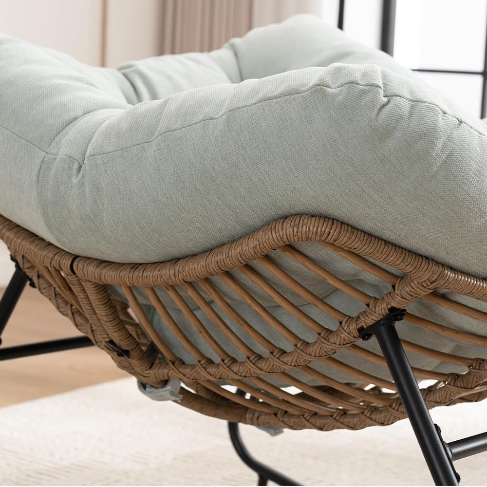 Outdoor Papasan Chair, Oversized Rocking Chair with Cushion and Metal Frame, Patio Lounge Rocking Chair for Balcony Backyard Porch Bedroom Living Room (Light Blue)
