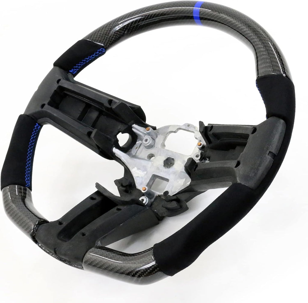 IKON MOTORSPORTS, Steering Wheel Compatible with 2010-2014 Ford Mustang, Steering Wheel Bodykit Replacement Carbon Fiber & Synthetic Suede Blue Stitch & Indicator, 2011 2012 2013