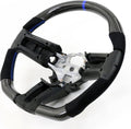 IKON MOTORSPORTS, Steering Wheel Compatible with 2010-2014 Ford Mustang, Steering Wheel Bodykit Replacement Carbon Fiber & Synthetic Suede Blue Stitch & Indicator, 2011 2012 2013