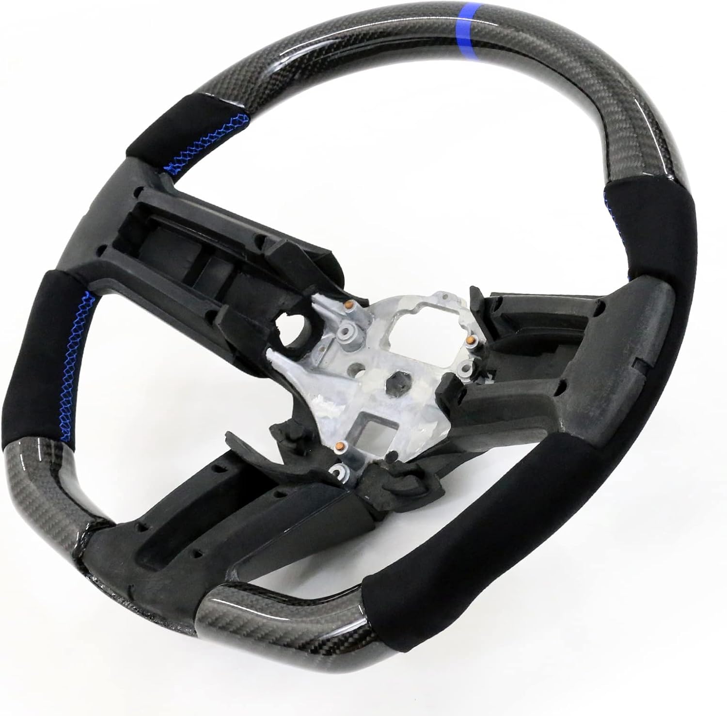 IKON MOTORSPORTS, Steering Wheel Compatible with 2010-2014 Ford Mustang, Steering Wheel Bodykit Replacement Carbon Fiber & Synthetic Suede Blue Stitch & Indicator, 2011 2012 2013