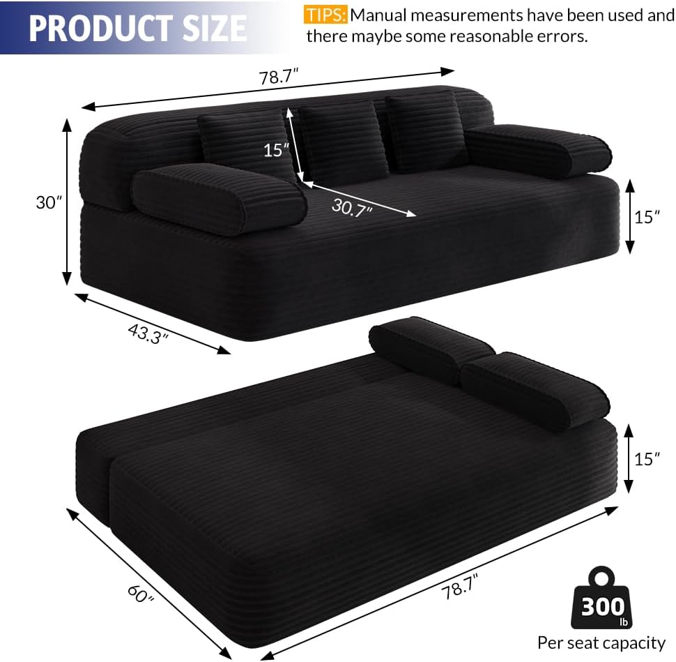 78.7'' Boneless Couches Queen, Corduroy Futon Sofa Bed, Modern Floor Couch, Cloud Convertible Sleeper Sofa Daybed, Comfy Loveseat, 3 Pillows, for Small Spaces, Living Room, Apartment, Black