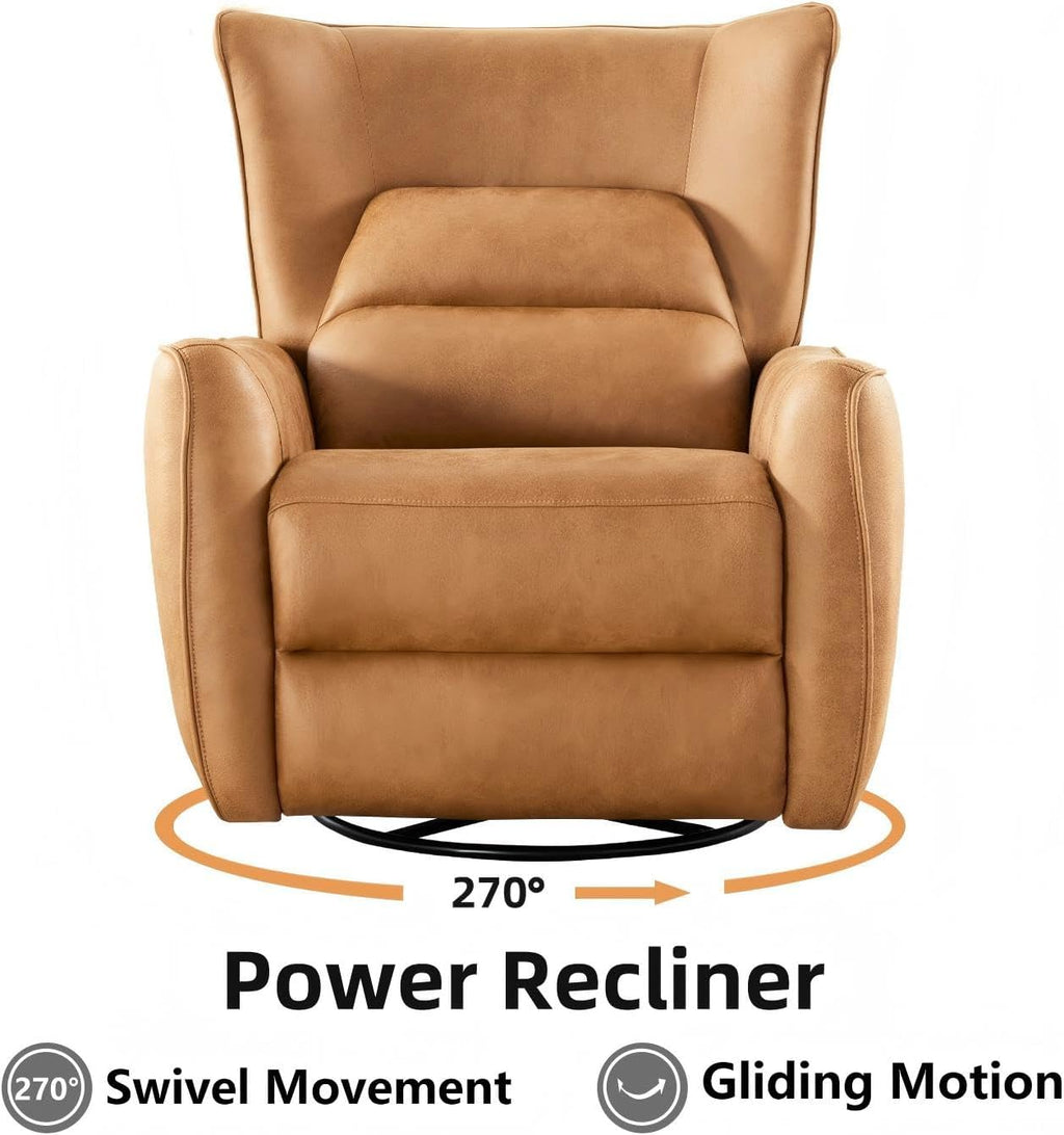 INZOY Power Swivel Rocker Recliner Glider, Oversize Electric Swivel Rocker Recliners with Highly Enveloping Backrest, Nursery Rocking Recliner Chair Fabric Reclining Sofa for Living Room, Brown