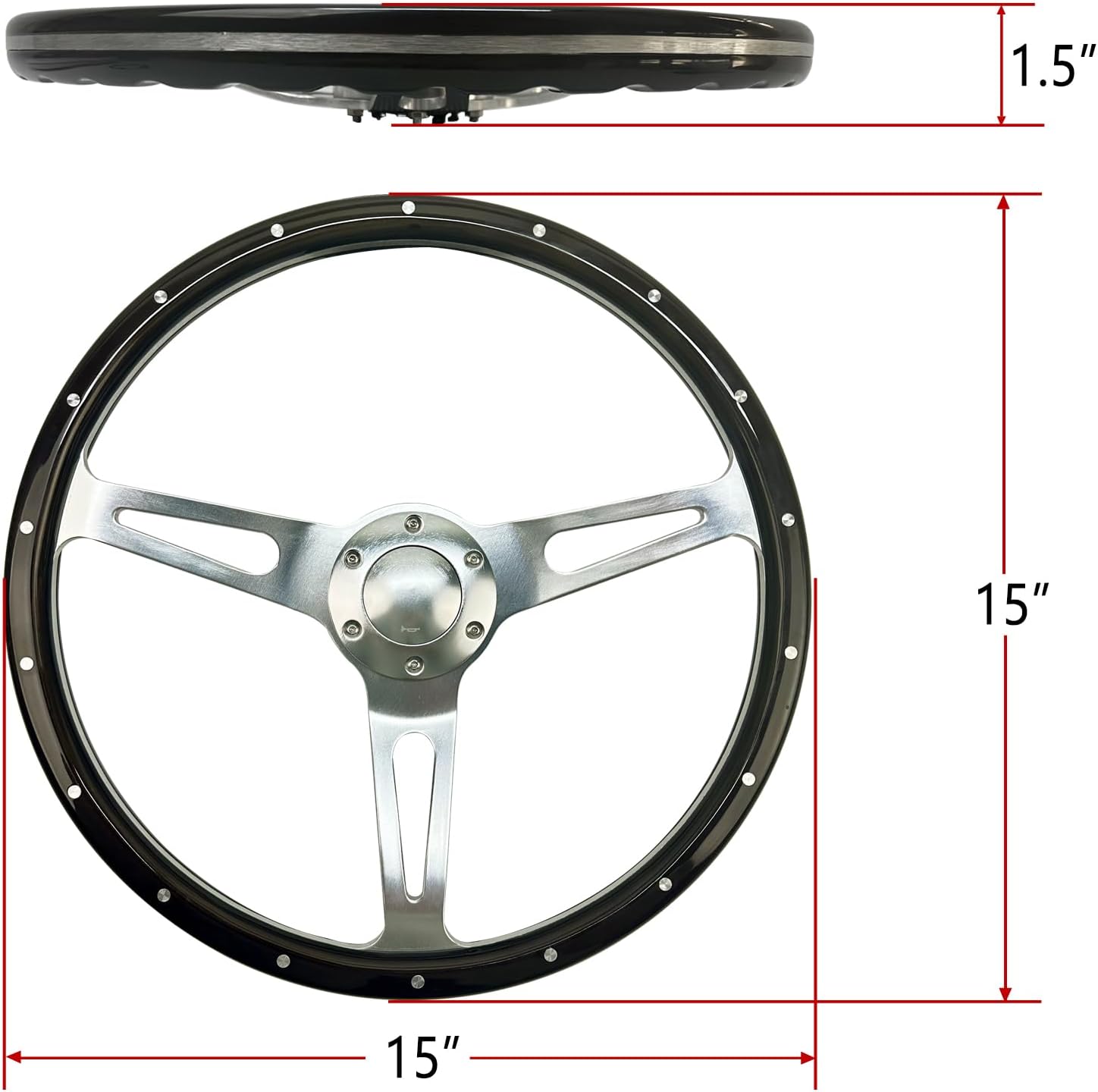 15inch Classic Wood Grain Steering Wheel With Riveted Light Grip | Black Green Gunmetal Finish, Brushed Aluminum 3 Spoke, 1.5inch Depth, 6 holes,with Horn button, Fit Hot Rod, Classic Muscle