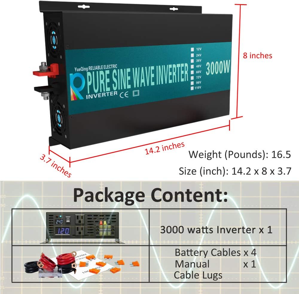 WZRELB 3000W 48V 120V Pure Sine Wave Power Inverter Remote Control with 2 AC Outlets,Car Inverter (RBPRC-300048)