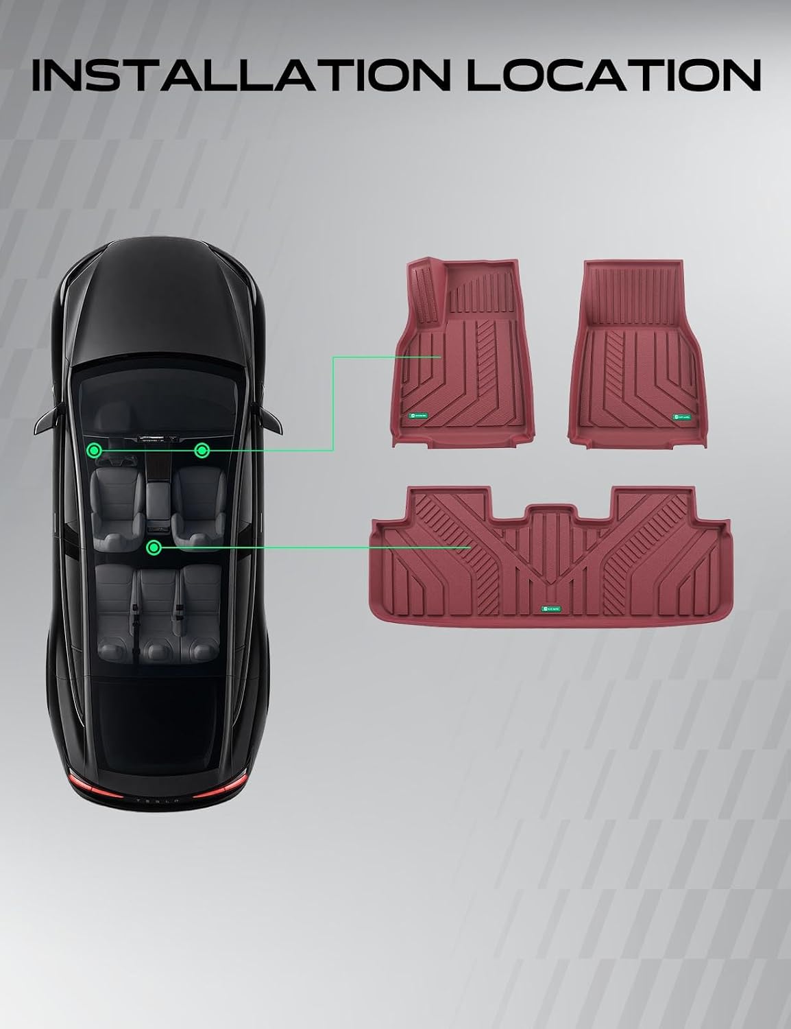 YHTAUTO Floor Mats Compatible with Tesla Model Y Juniper 2025 2026 (5-Seat), TPE Floor Liners All Weather Custom Fit, 1st & 2nd Row, Set of 3, Red