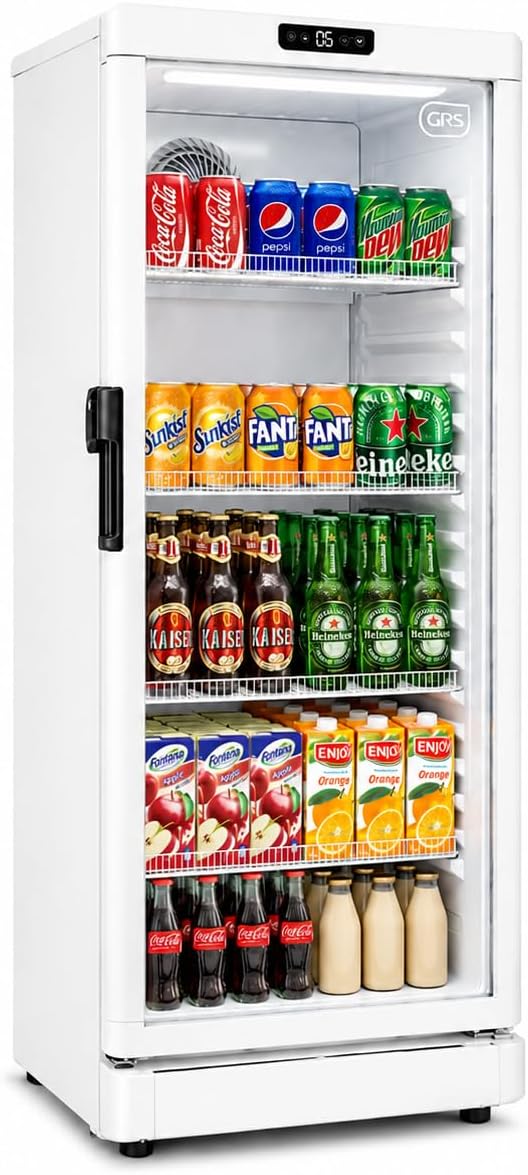 GRS Commercial Display Refrigerator with Glass Door Lock | Cool Air Flow & Temperature | Beverage fridge, Drink and Wine Cooler with Adjustable Display Shelf for Stores and Bars | Silver, 7.1 Cu. Ft
