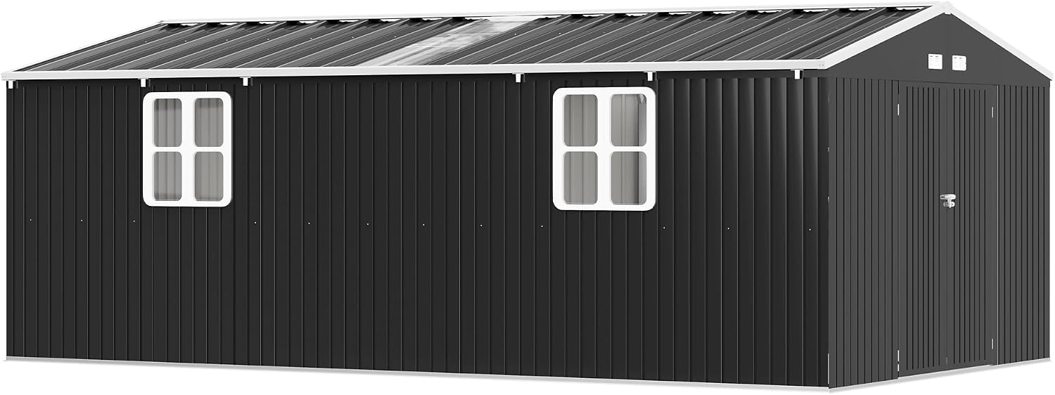 VanAcc 12x20x7.2 FT Outdoor Storage Shed with 2 Transparent Panels, Metal Garden Shed with Hinged Double Doors, Windows & Vents, Reinforced Steel Frame for Backyard Garden, DIY Workshop, Dark Gray
