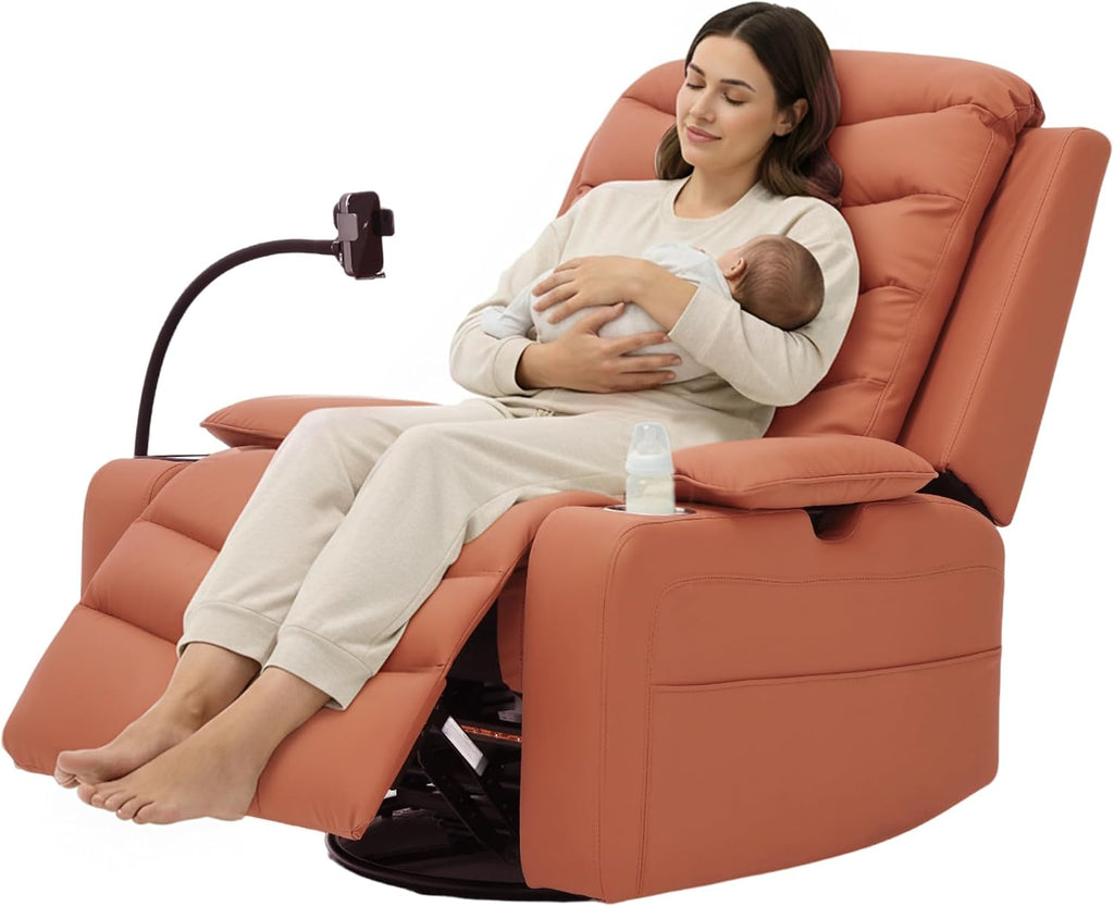 Holaki Rocking Chair Nursery, Oversized Glider Recliner Nursery Chair Swivel Reading Chair with Heated Lumbar Support Smart Cup Holder and Fast-Charging Phone Mount for Breastfeeding(Orange)