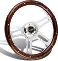 W-Power, 14' Universal 350mm 6 Bolt Hole Vintage Style with Aluminum Polished Dark Wood Grip Steering Wheel, Black Horn Button, Chrome 4-Spoke