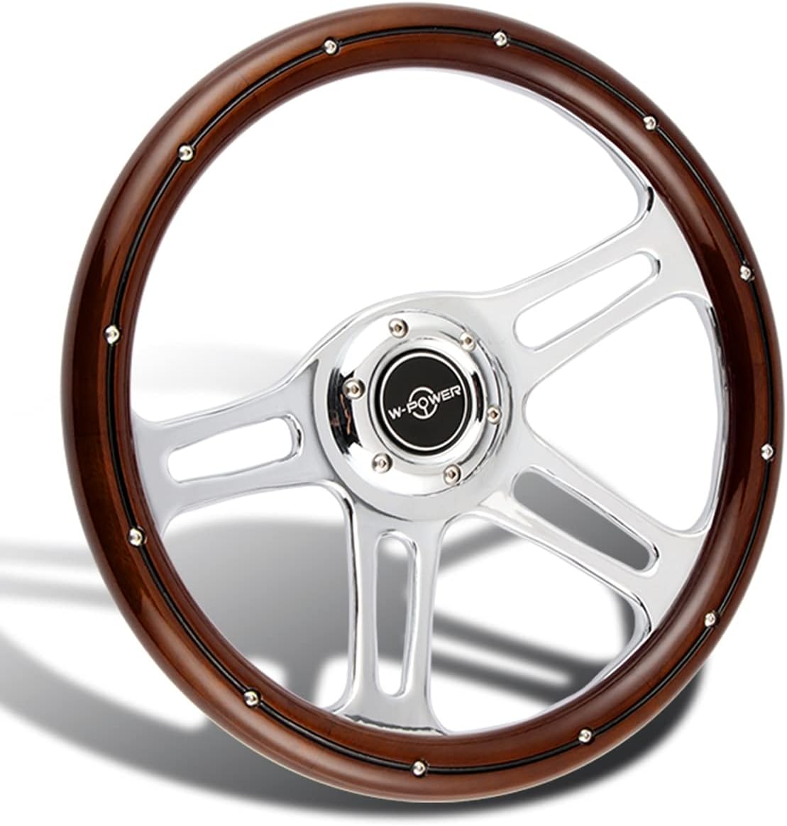 W-Power, 14' Universal 350mm 6 Bolt Hole Vintage Style with Aluminum Polished Dark Wood Grip Steering Wheel, Black Horn Button, Chrome 4-Spoke