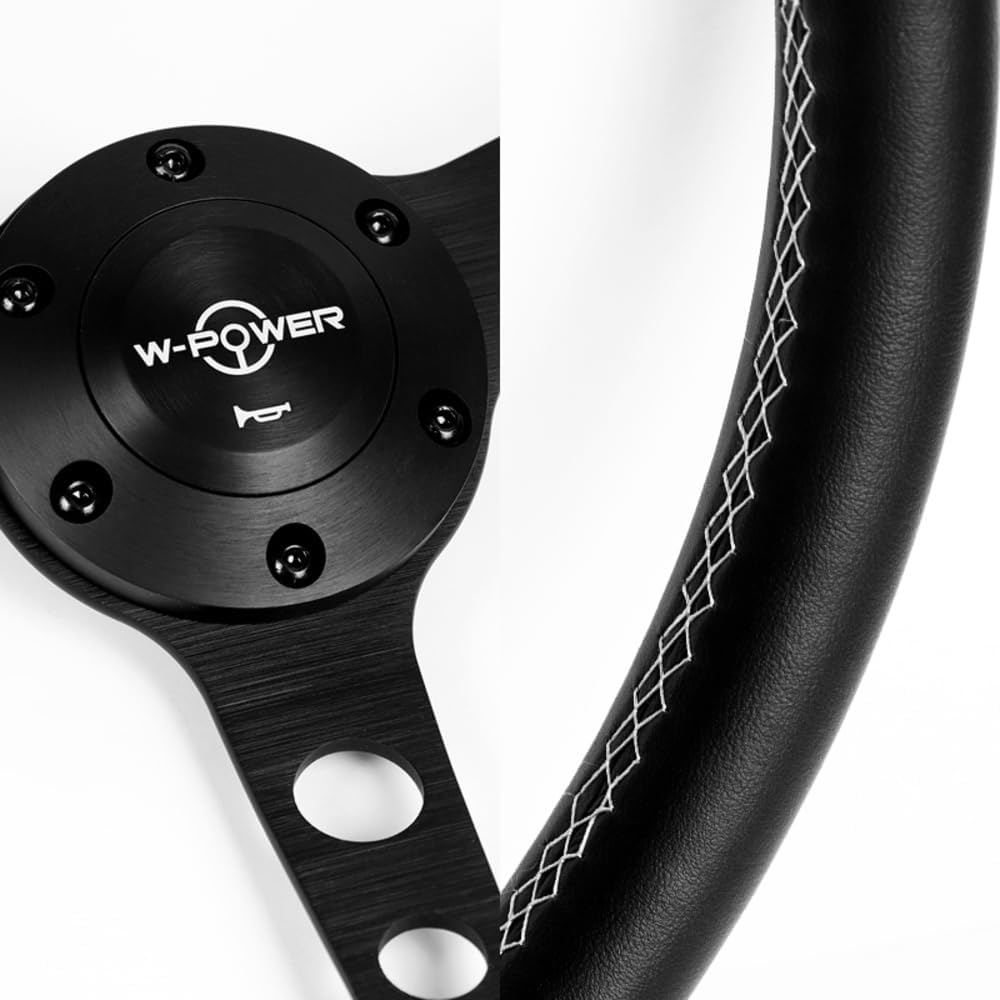 W-Power 15' Reinforced Aluminum Steering Wheel - 380mm 6 Bolt Hole, Black Leather White Stitch, Matt Black Spoke, 3' Deep With Horn Button, JDM Euro VIP Style