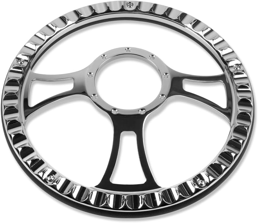 Chrome 14' Billet Aluminum 9 Holes Steering Wheel Trinity Style with Black Leather Half Wrap & Smooth Horn Button & Adapter