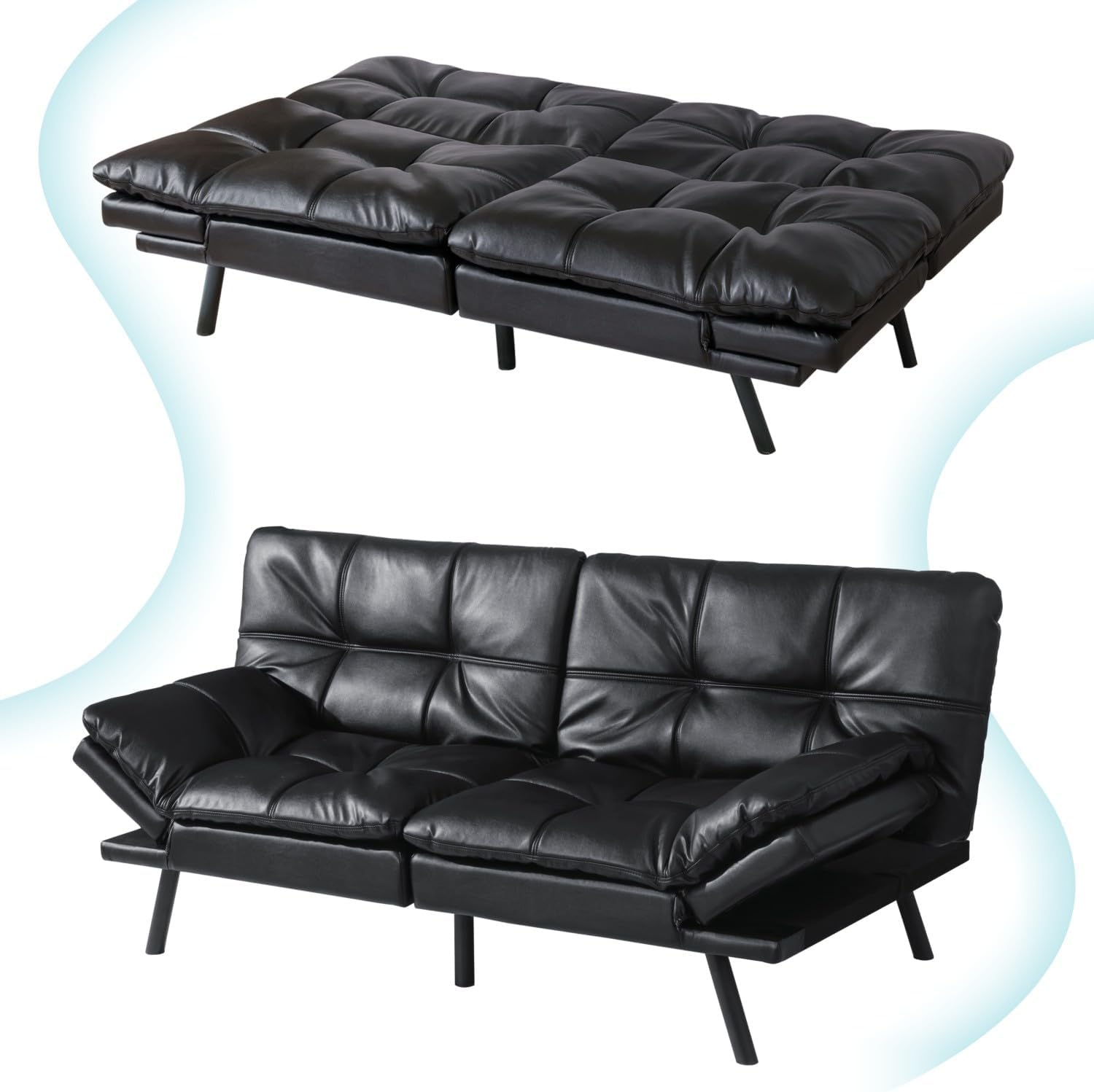 71' Convertible Futon Sofa Bed, Multi-Position Adjustable Back & Arms, Space-Saving Comfortable Sleeper Couch, Modern Loveseat for Urban Apartments & Offices – Black