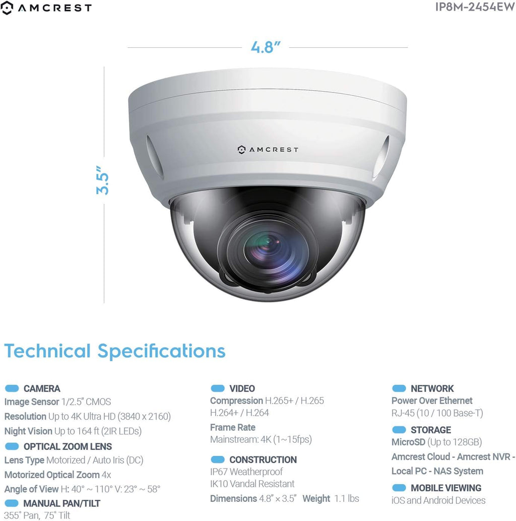 Amcrest UltraHD 4K Varifocal PoE Dome Outdoor Security Camera, 4K (8-Megapixel) 3840x2160P, 164ft Night Vision, 4X Optical Zoom, Motorized Varifocal Lens 58°-110°, White (REP-IP8M-2454EW) (Renewed)