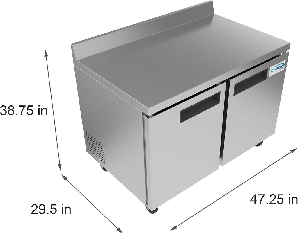 KoolMore 48' Stainless Steel 2 Door Worktop Commercial Refrigerator with 3 1/2 Backsplash - 12 cu.ft (RWT-2D-12C)