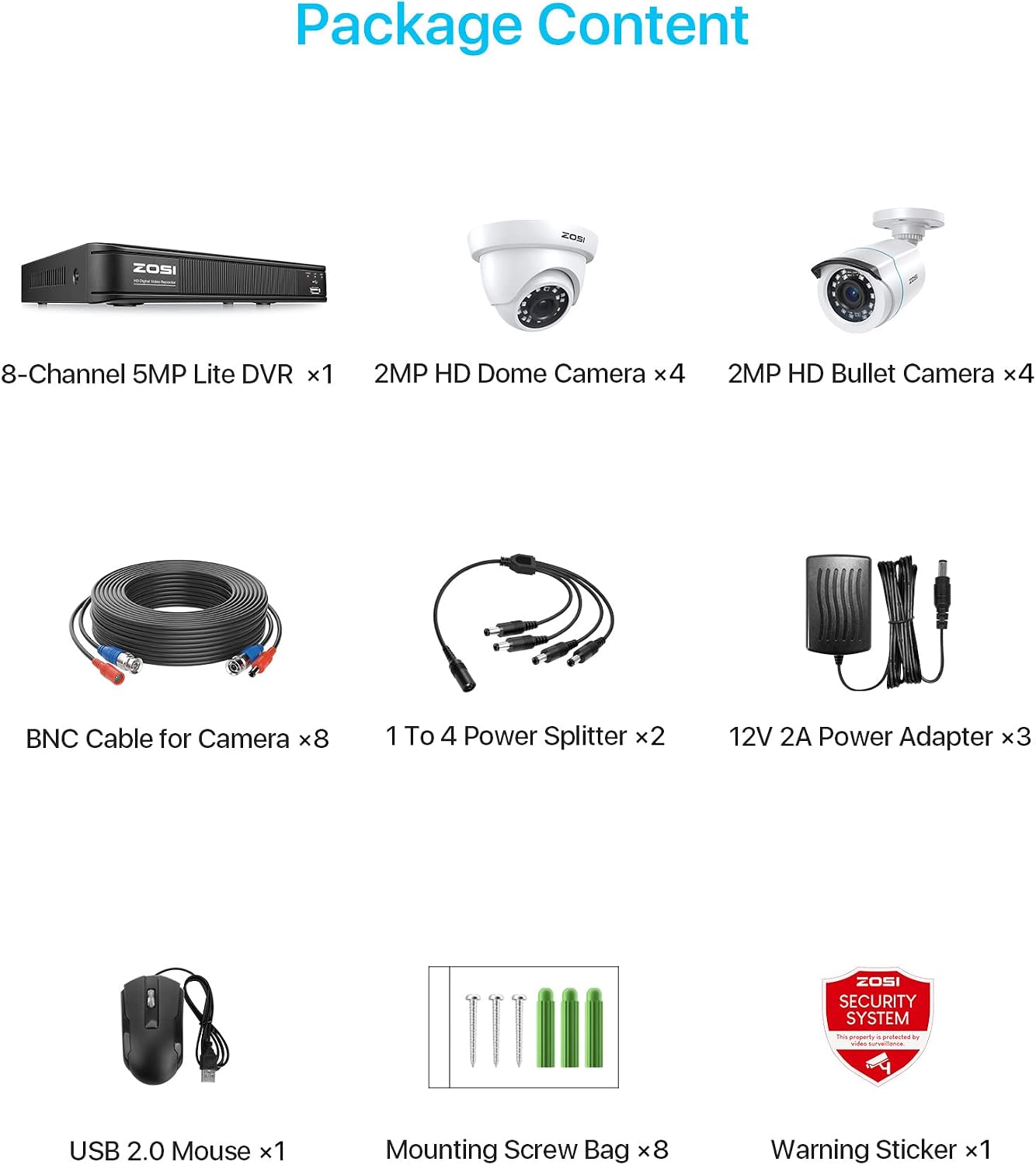 ZOSI H.265+ 8CH 1080p Home Security Camera System Indoor Outdoor, 5MP 8 Channel Lite CCTV DVR, 8 x 1080p Weatherproof Surveillance Bullet Dome Camera, Remote Access, Motion Detection (No HDD), White