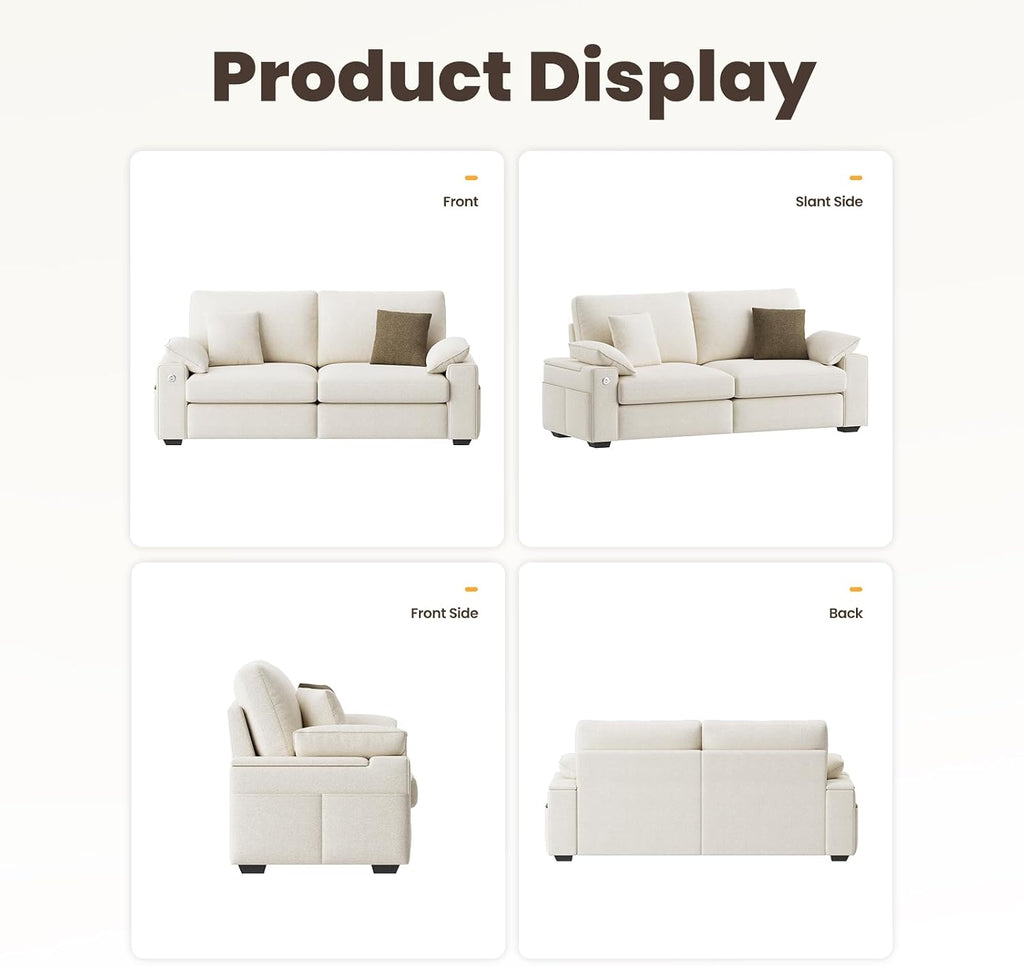 MALOL 76' Loveseat Sofa, Cloud Foam Couch, 3 Seater Upholstered Midcentury Mondern Love Seat with USB Type C Ports, 4 Pillows and Storage Armrest for Living Room/Small Spaces, Beige | Breathable material
