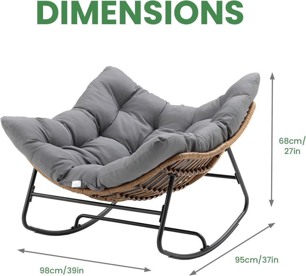 SUNBURY Rocking Chair, Rattan Wicker Egg Chair with Thick Cushion - 45 in Oversized Papasan Chair for Indoor/Outdoor, 330lbs Weight Capacity, Modern Boho Patio/Backyard/Living Room Seating