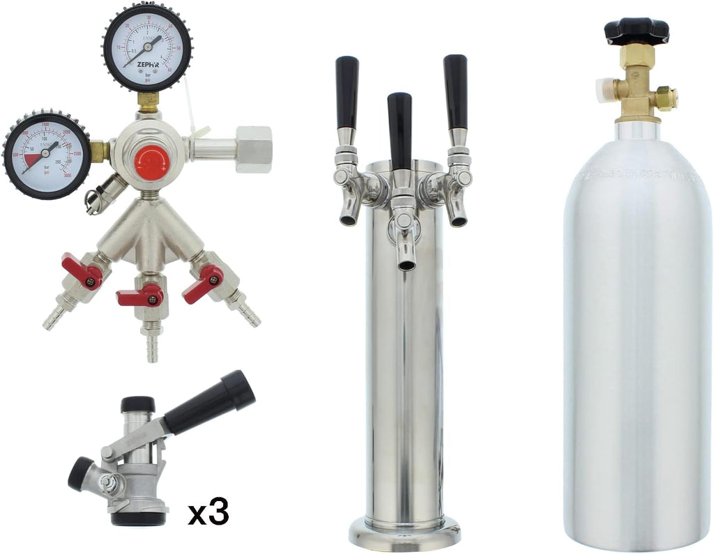 Zephyr Presrv™ Triple Tap Kit - Includes Three Taps, Stainless Steel Tower, 3 Beer Lines, Gas Line, Regulator, CO2 Tank and 3 D-style Keg Couplers - Designed to use with a Presrv™ kegerator
