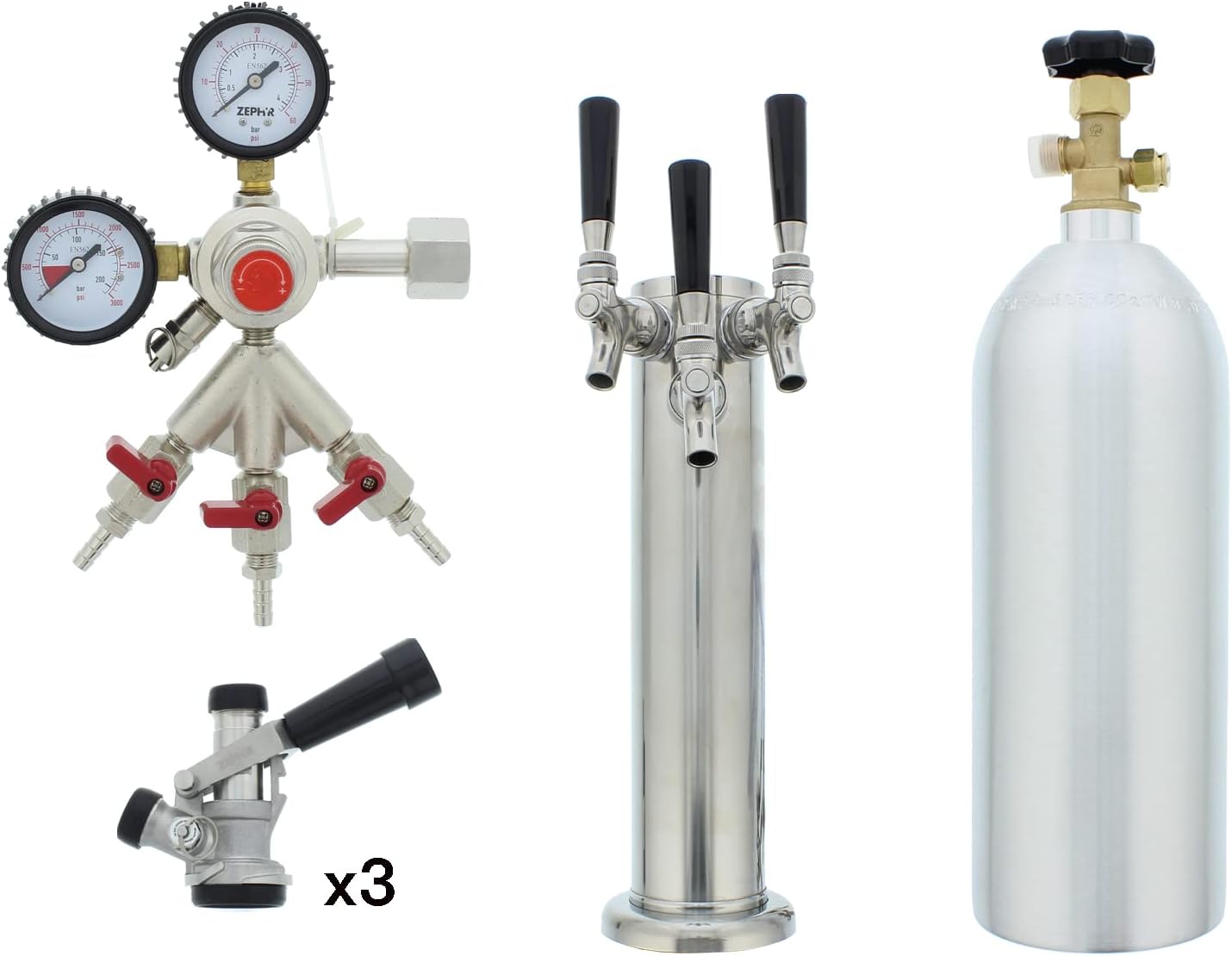 Zephyr Presrv™ Triple Tap Kit - Includes Three Taps, Stainless Steel Tower, 3 Beer Lines, Gas Line, Regulator, CO2 Tank and 3 D-style Keg Couplers - Designed to use with a Presrv™ kegerator