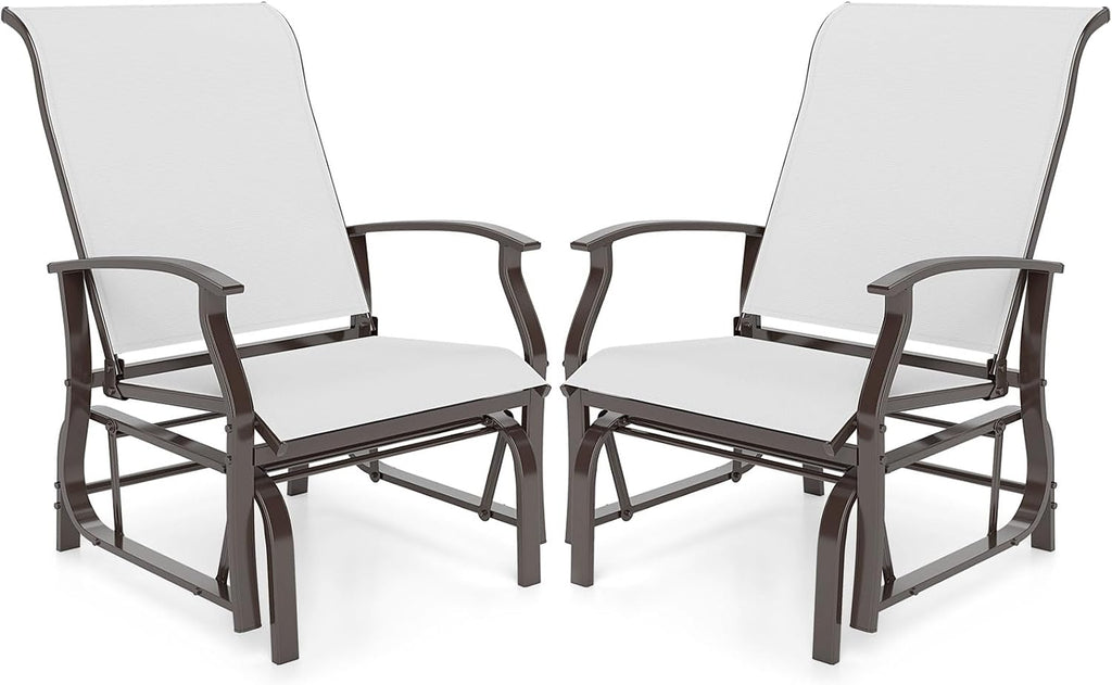 Tangkula Porch Gliders Set of 2, Outdoor Swing Glider Chairs with High Back, Breathable Mesh Fabric and Metal Frame, Patio Rocking Chairs for Backyard Garden Balcony Poolside (Off White)