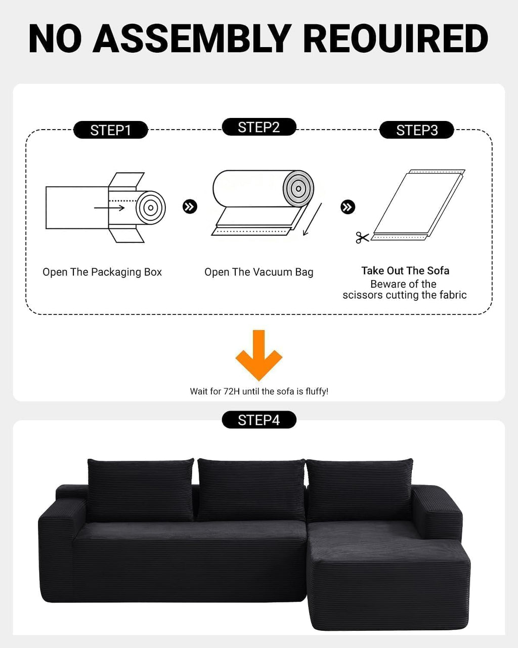 97' Cloud Couch Sectional, L Shaped Boneless Couch Sectional Couches for Living Room, Modern Comfy Corduroy Fluffy Modular Sofa with Deep Seat, No Assembly (Black, Right Facing Chaise)