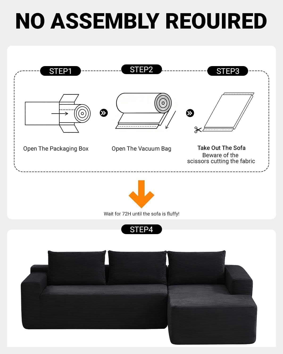 97' Cloud Couch Sectional, L Shaped Boneless Couch Sectional Couches for Living Room, Modern Comfy Corduroy Fluffy Modular Sofa with Deep Seat, No Assembly (Black, Right Facing Chaise)