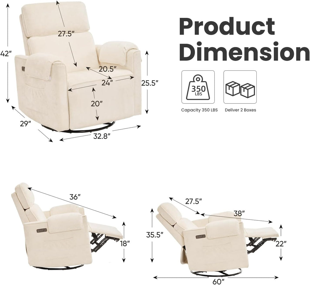 Chenille Rocking Chair Nursery with Adjustable Headrest, 24' Extra Wide Swivel Rocker Recliner with Overstuffed Armrest, Oversized Power Rocker Recliner with USB Ports, Cream