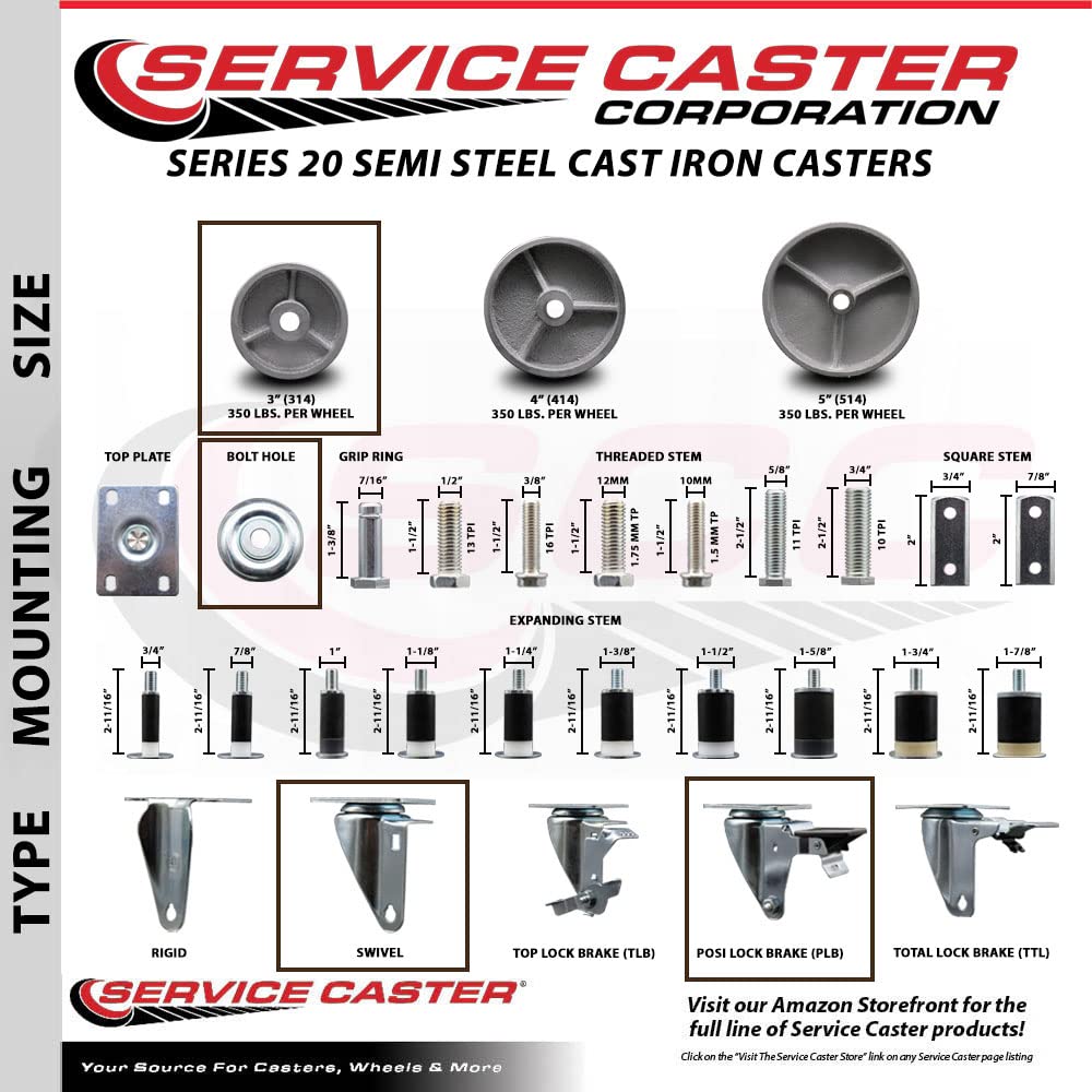 Semi Steel Cast Iron Swivel Bolt Hole Caster Set of 4 w/3' x 1.25' Silver Wheels - Includes 4 Swivel with Posi Lock Brakes - 1200 lbs Total Capacity - Service Caster Brand