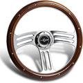 W-Power, 14' Universal 350mm 6 Bolt Hole 2.5 Inches Vintage Dark Wood Style with Aluminum Polished Dark Wood Steering Wheel, Black Horn Button, Chrome 3-Spoke