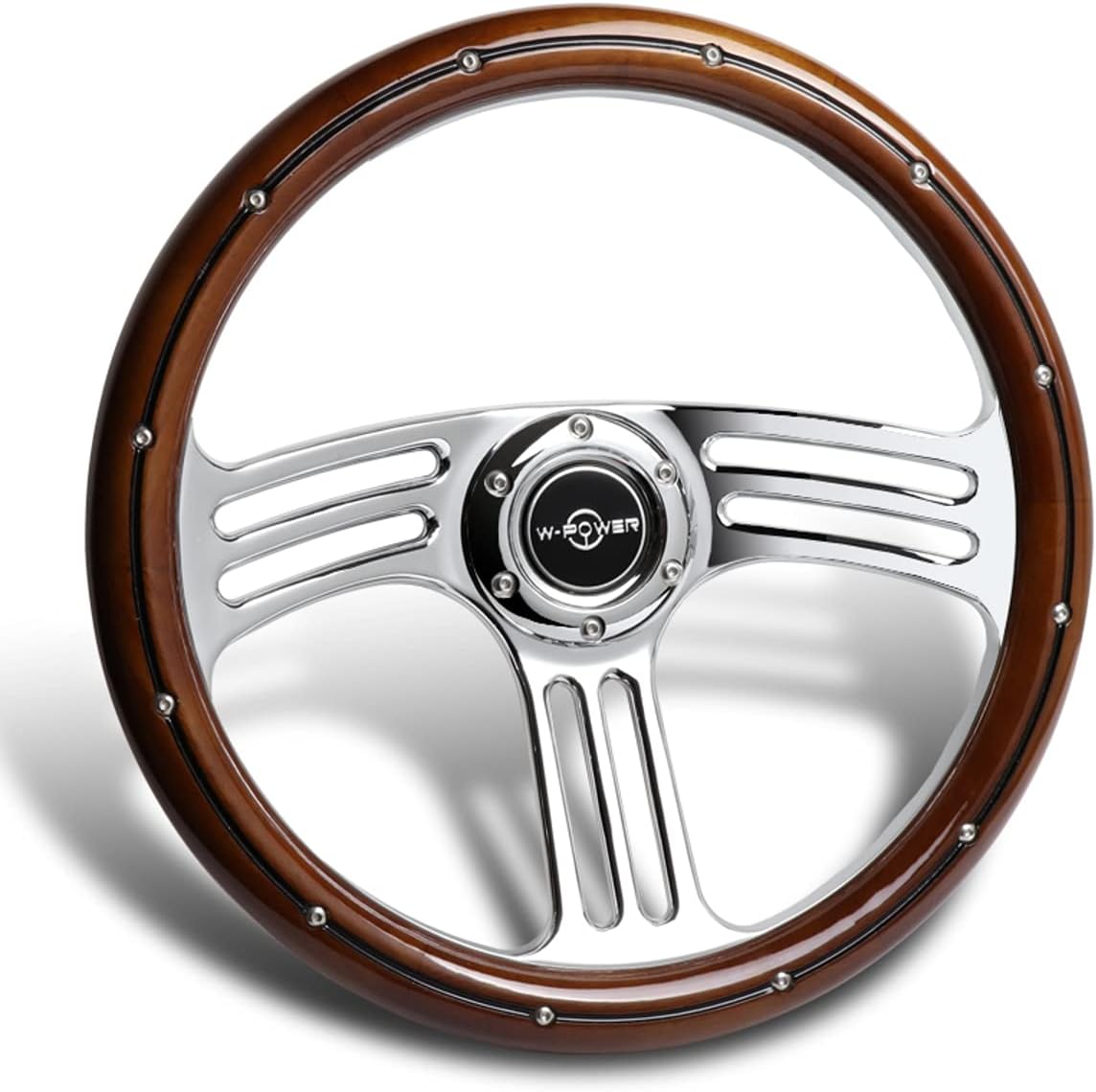 W-Power, 14' Universal 350mm 6 Bolt Hole 2.5 Inches Vintage Dark Wood Style with Aluminum Polished Dark Wood Steering Wheel, Black Horn Button, Chrome 3-Spoke