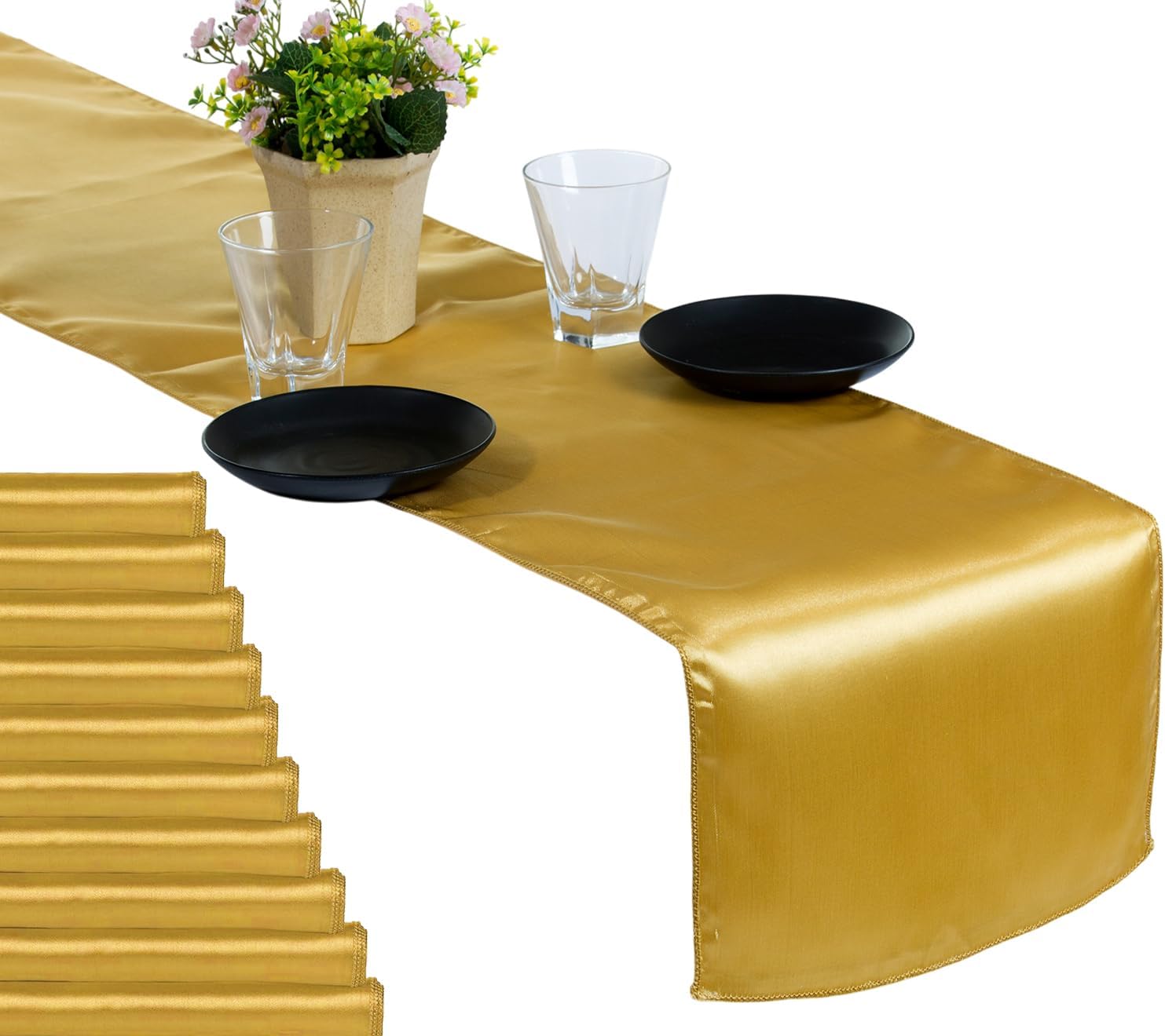MDS 50 PCS Satin Table Runners 12 x 108 Inch Charmeuse Sateen Silk Table Runner for Indoor Outdoor Wedding Reception Birthday Graduation Party Event Banquet Dining Table Decoration - Gold