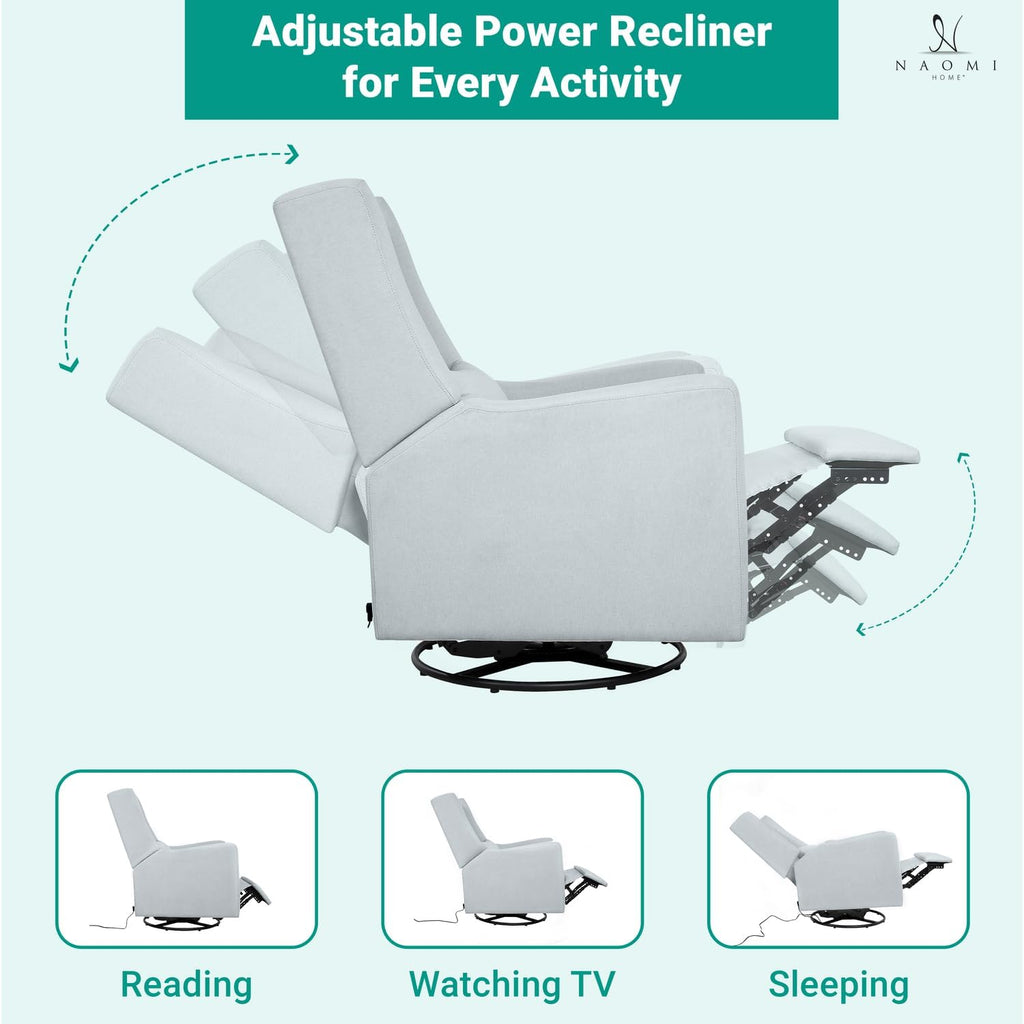 Naomi Home Tanya Luxury Motion Recliner Chair, Light Gray – Plush Upholstered Glider Rocker with USB Charging, Swivel, and Lumbar Support for Nursery Comfort, 275 lbs Capacity