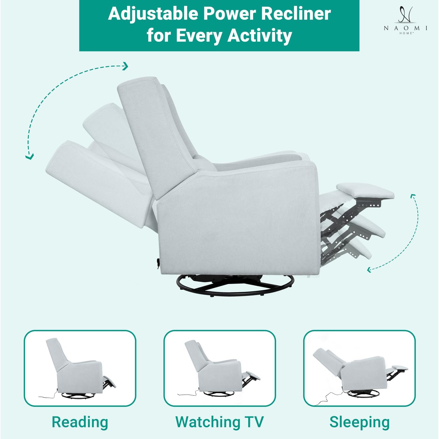 Naomi Home Tanya Luxury Motion Recliner Chair, Light Gray – Plush Upholstered Glider Rocker with USB Charging, Swivel, and Lumbar Support for Nursery Comfort, 275 lbs Capacity