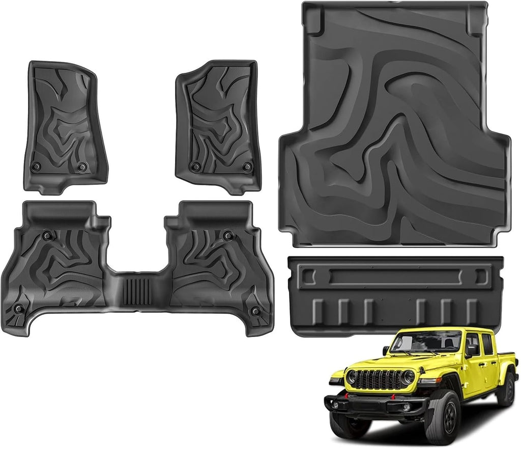 for Jeep Gladiator JT 2020-2024 TPE Floor Mats with Cargo Liner Trunk Mat Waterproof Wear-Resistant Protective Accessories Set(Black Left)
