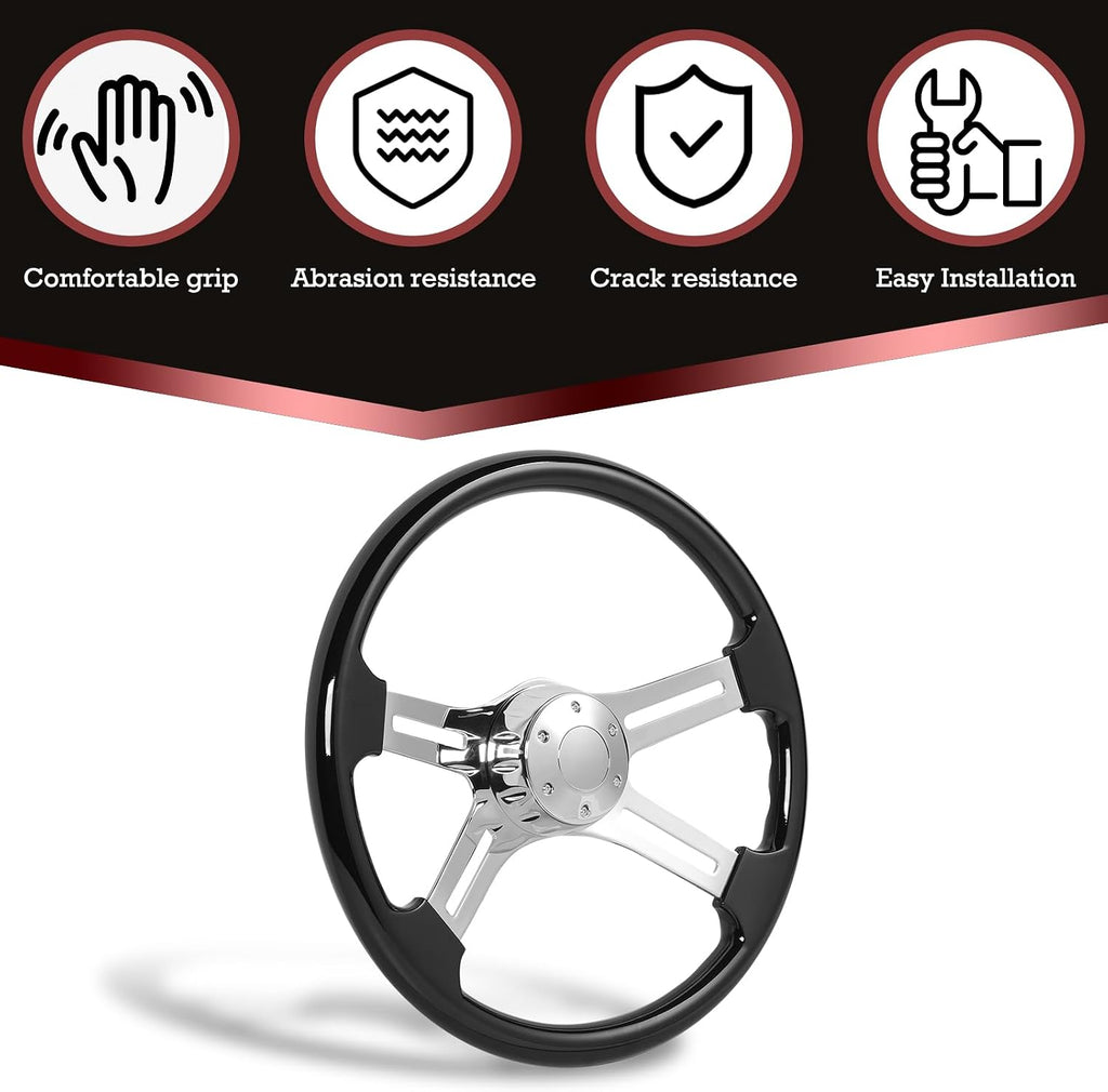 18 Inch Solid Wood Lacquering Truck Steering Wheel 450mm,4 Chrome Spokes,5 Bolt Pattern,Replacement for Kenworth for Peterbilt Semi Trailer for Volvo for Freightliner Steering Wheel